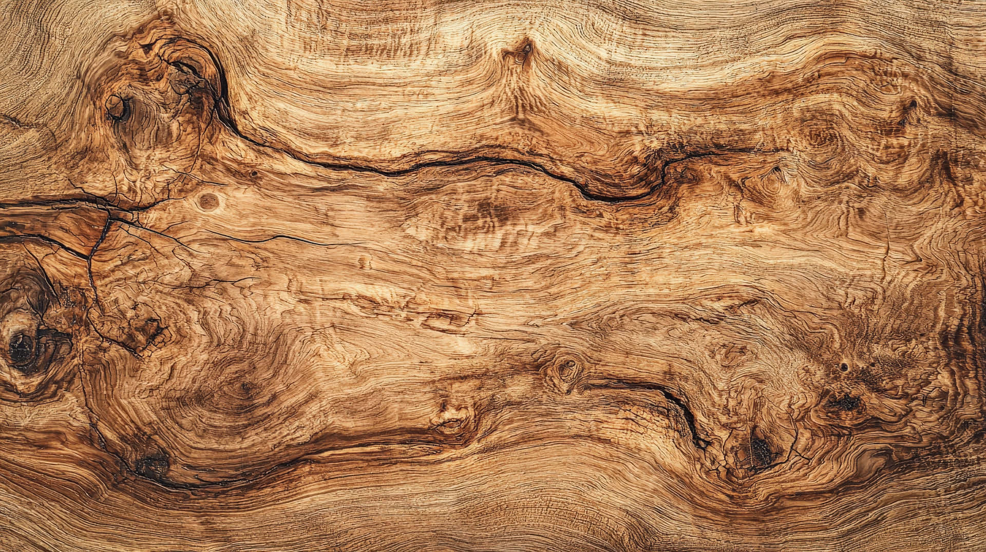 Natural Wooden Texture with Unique Grain Patterns 壁紙 — 暖棕色調中，帶有漩渦圖案和深色節疤的豐富木紋特寫。