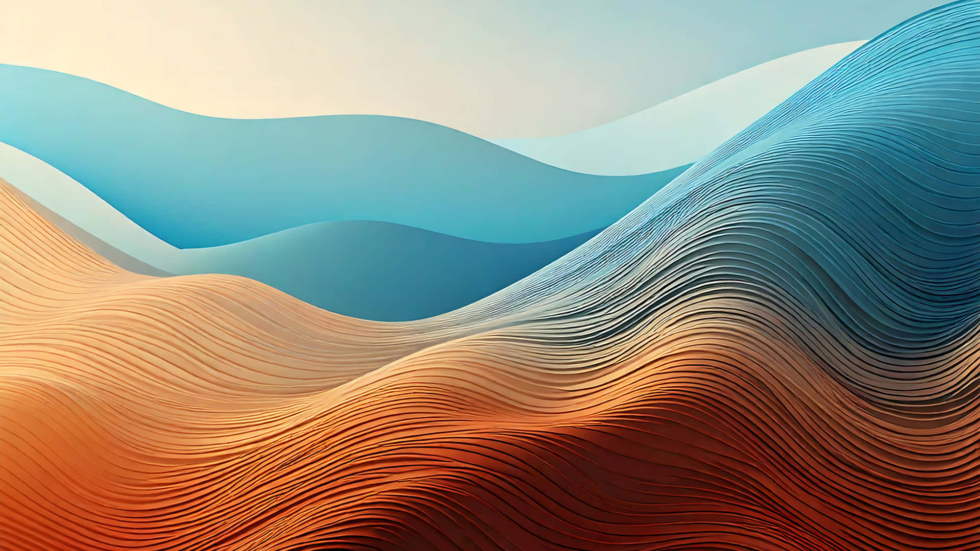 Blue and Orange Swirl Abstract 壁紙 — 暖橙色和冷藍色的分層紙張雕刻波浪，創造出流動的抽象景觀。