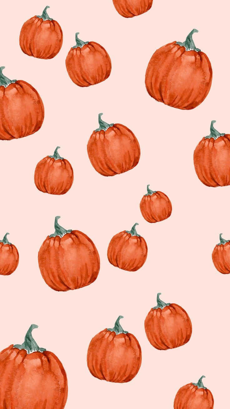 Simple Autumn 桌布 壁紙 — 暖橙色調的水彩南瓜在柔和的粉紅色背景上以重複圖案漂浮。