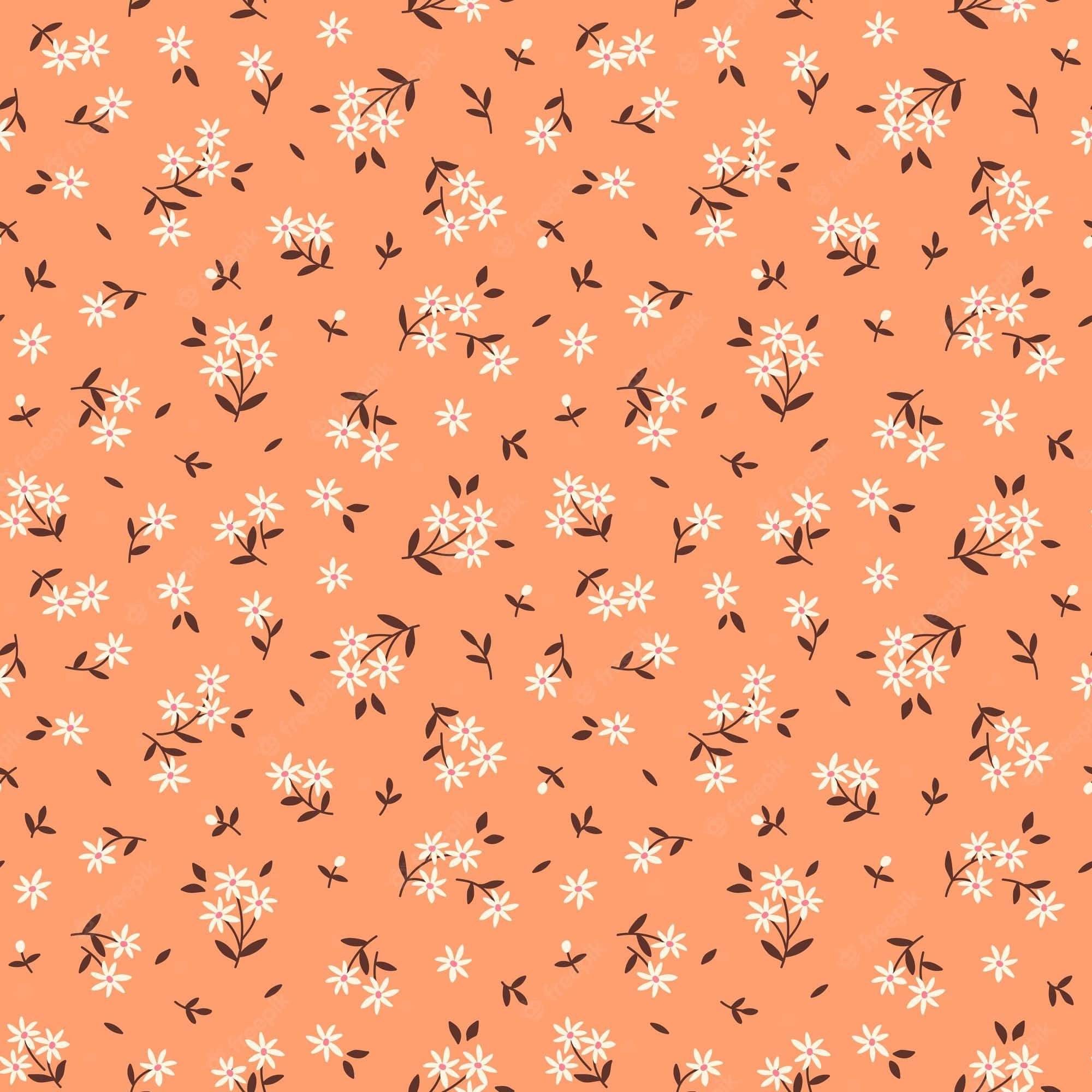 Cute Orange 桌布 壁紙 — 暖珊瑚色背景上散落著白色花朵和棕色葉子的重複圖案。