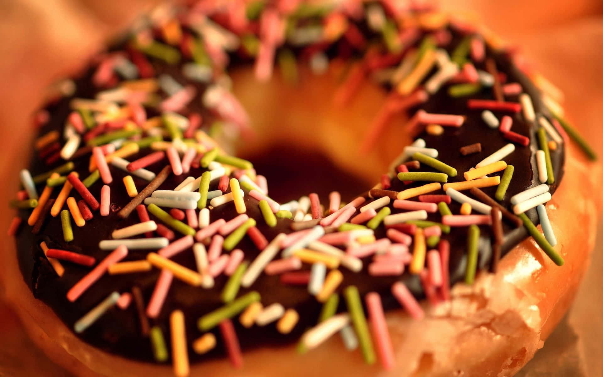 donuts 桌布 壁紙 — 暖色燈光下，一個巧克力糖霜甜甜圈上面鋪滿彩色糖針的特寫。