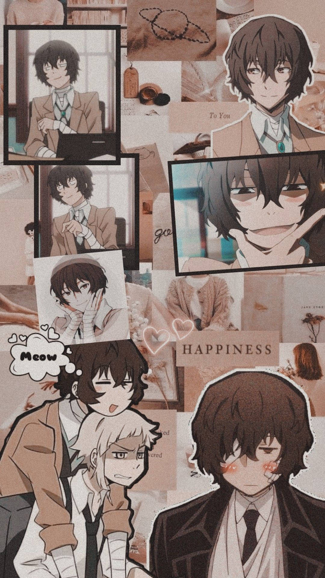 Dazai 桌布 壁紙 — 暖色調動漫拼貼畫，包含多幅棕色頭髮男性角色的肖像，帶有柔和粉彩點綴和手寫文字。