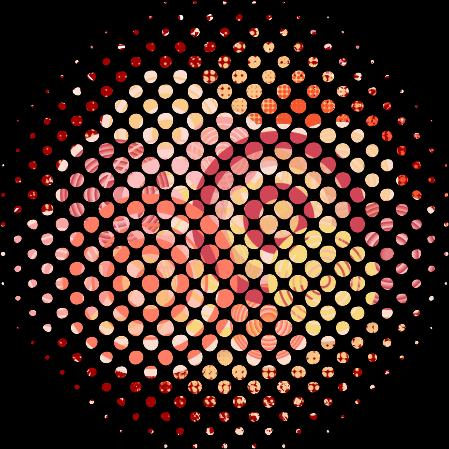 Textures 桌布 壁紙 — 暖色調圓圈的燦爛漸變在黑色背景上向外輻射，營造出催眠般的對稱圖案。
