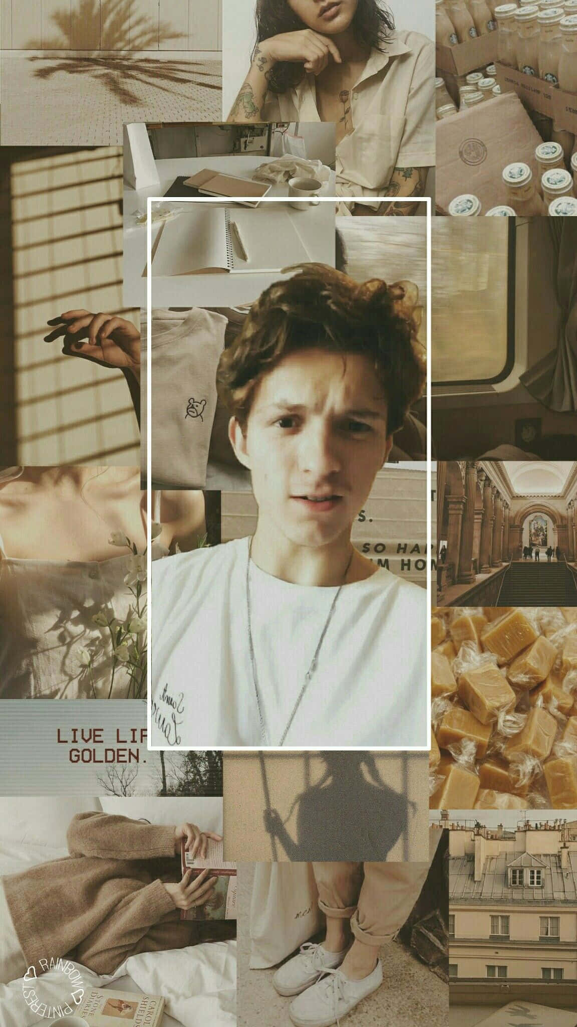 Tom Holland Aesthetic 桌布 壁紙 — 暖色調拼貼畫，包含一位穿白色T恤的年輕男子、咖啡、書籍、甜點和城市景觀。