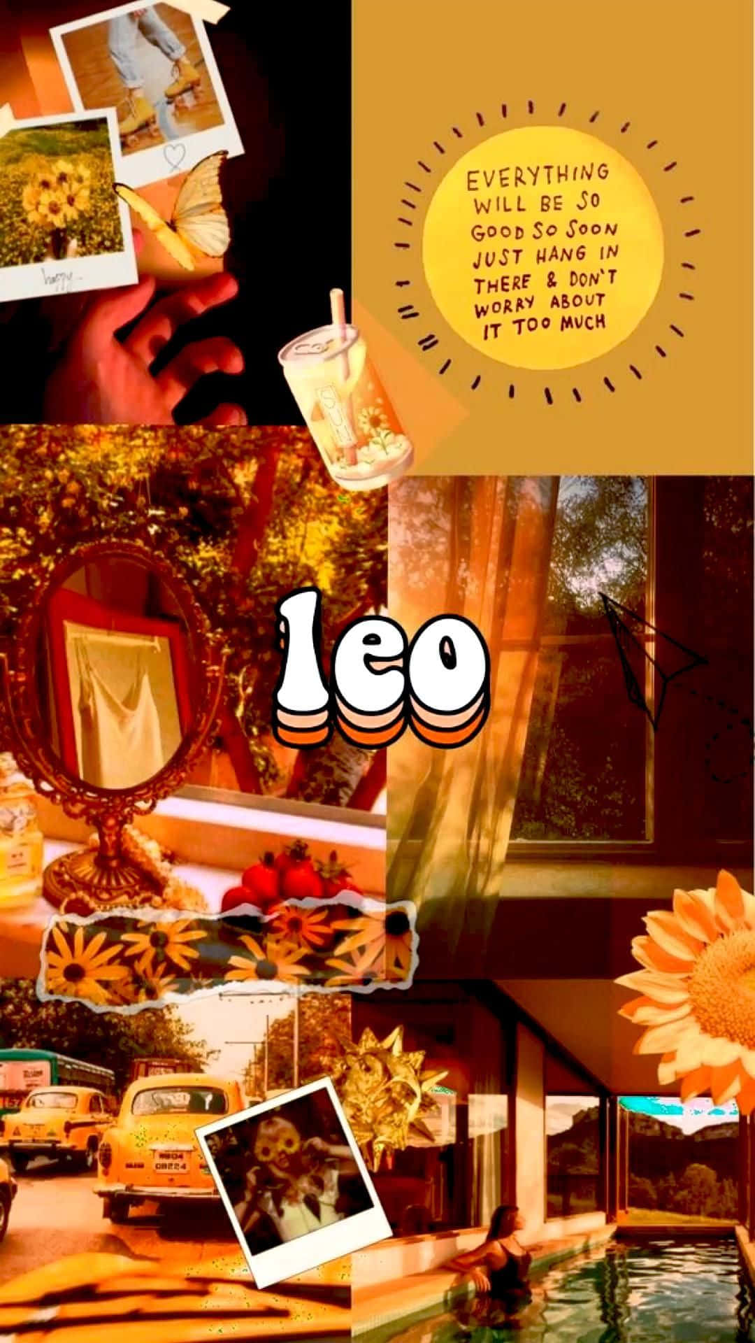 Leo 桌布 壁紙 — 暖色調拼貼畫，包含向日葵、拍立得照片、復古汽車、泳池邊場景及勵志文字，呈現懷舊美學。