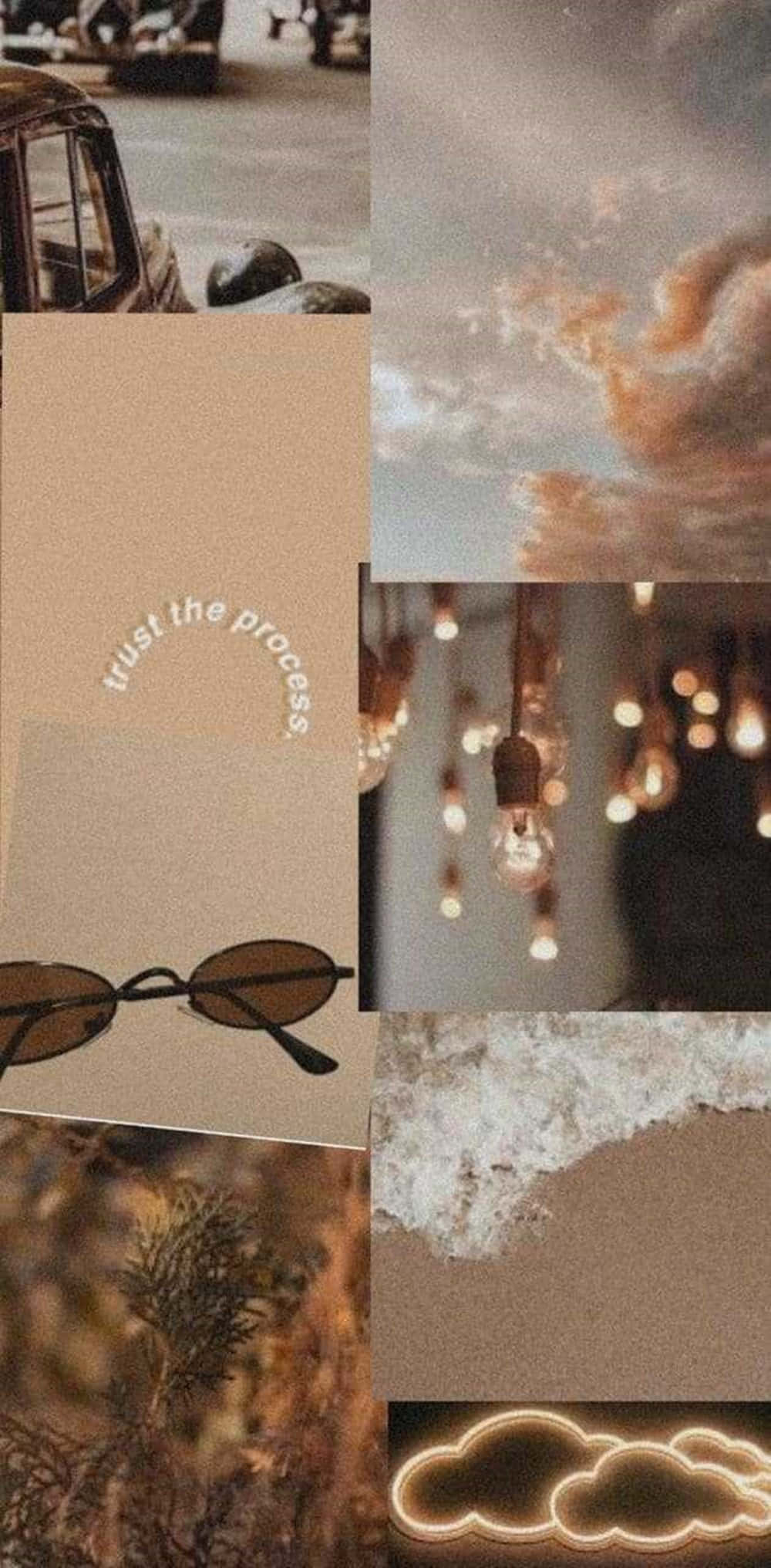 Brown Minimalist 桌布 壁紙 — 暖色調拼貼畫，包含復古汽車、發光燈串、太陽眼鏡、雲朵和自然紋理，營造夢幻美感。