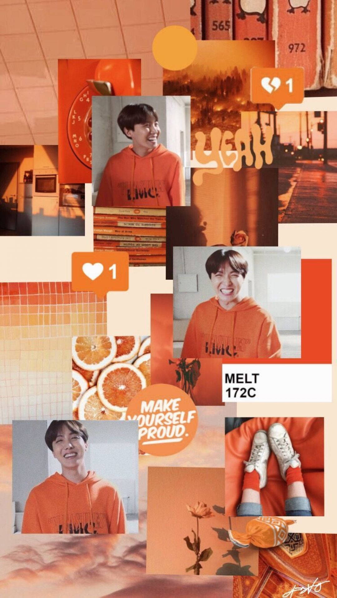 BTS 美學 桌布 壁紙 — 暖色調拼貼畫，展示一位微笑的男士穿著橙色連帽衫、柑橘片、社交媒體圖示和勵志文字，背景帶有紋理。