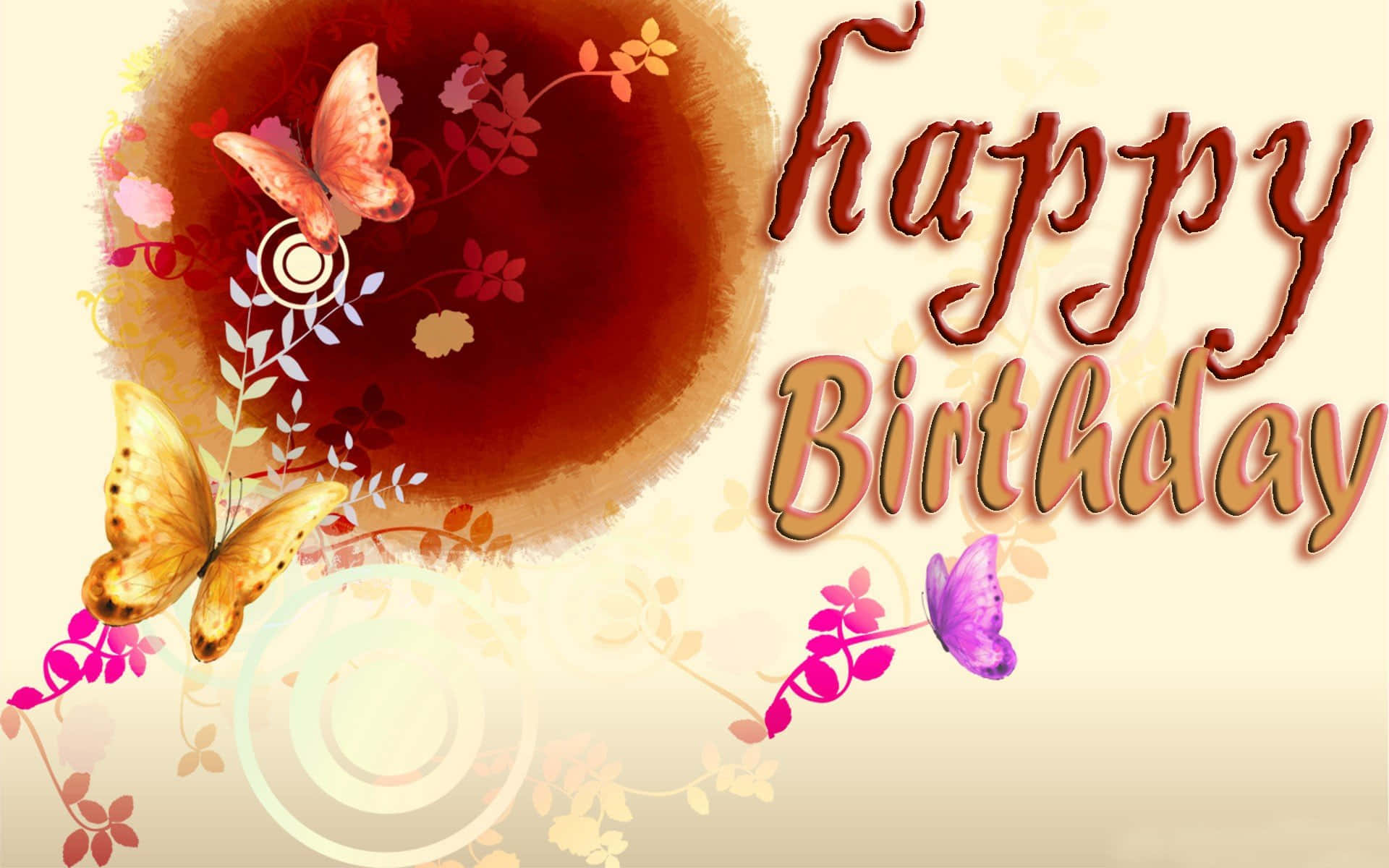 Birthday Wishes 桌布 壁紙 — 暖色調生日祝福，蝴蝶和花卉漩渦環繞優雅的手寫文字。