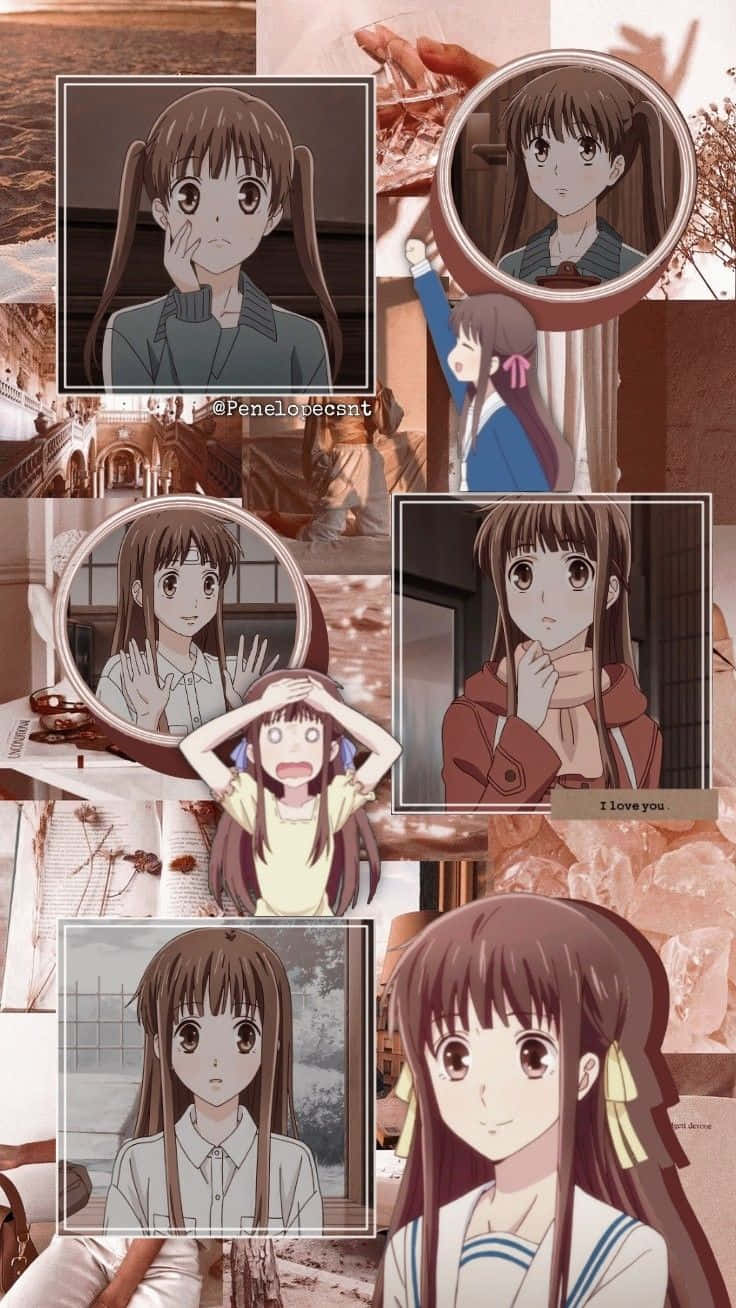 動漫 桌布 壁紙 — 暖色調的動畫少女肖像拼貼，展現多種表情和服裝，以柔和背景紋理框住。