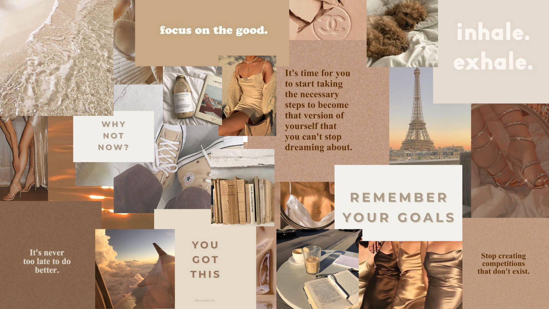 Motivational Aesthetic Desktop 桌布 壁紙 — 暖色調的勵志拼貼畫，包含海灘場景、書籍、時尚語錄和艾菲爾鐵塔，激勵自我提升。