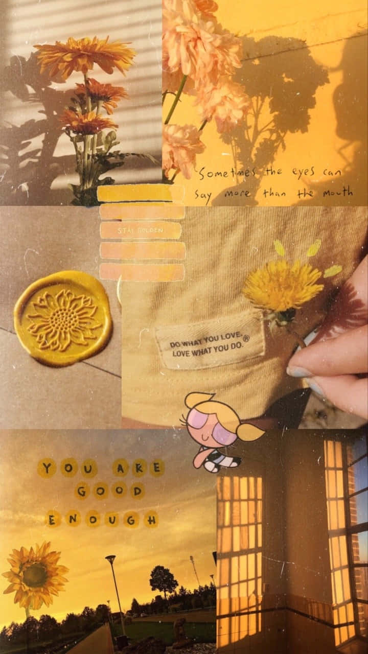桌布 壁紙 — 暖色調的向日葵、手寫語錄、卡通角色和金色光線下的日落景觀拼貼畫。