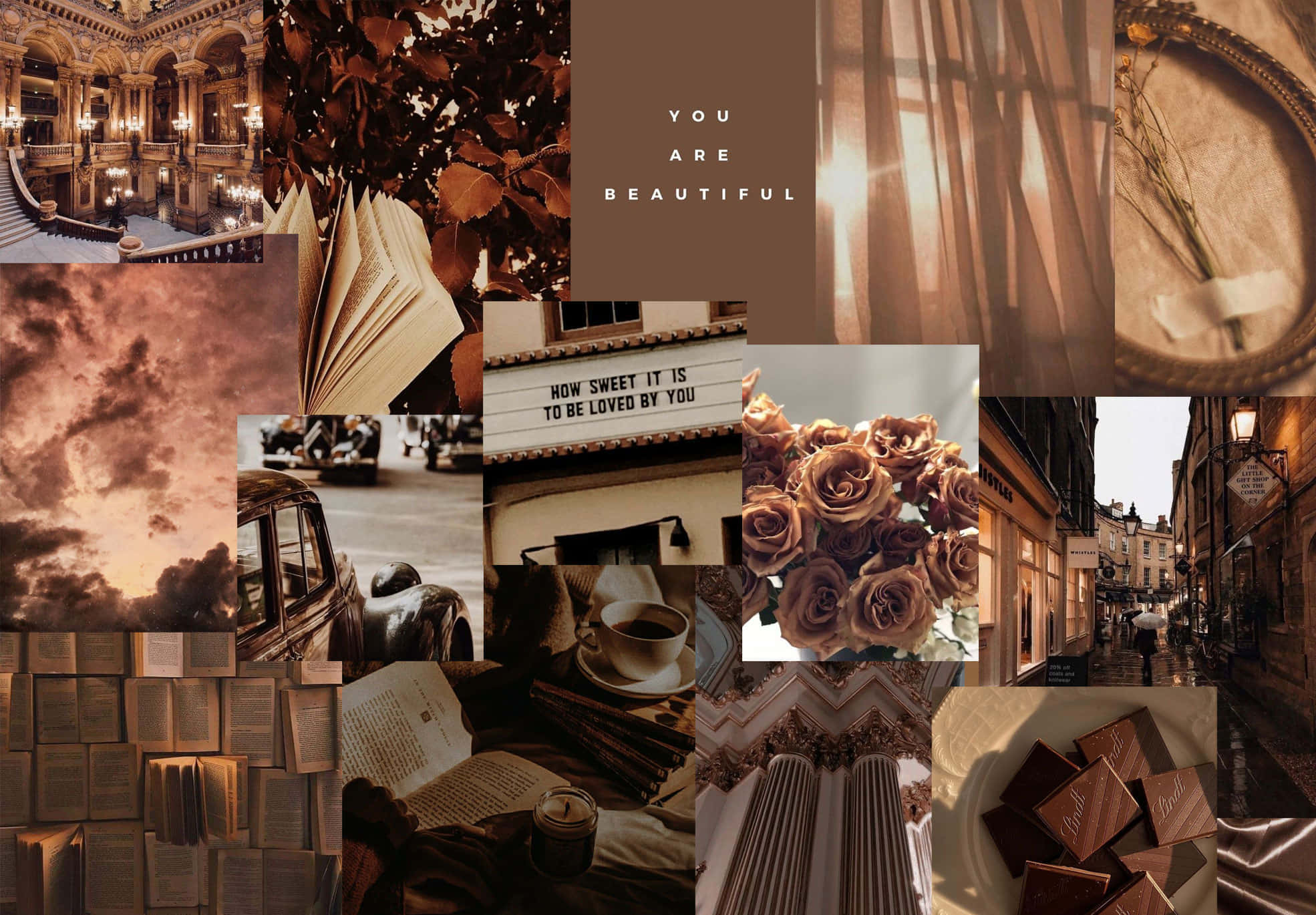 Winter Aesthetic Collage 桌布 壁紙 — 暖色調的復古書籍、玫瑰、街景和勵志名言拼貼畫，喚起懷舊浪漫與寧靜之美。