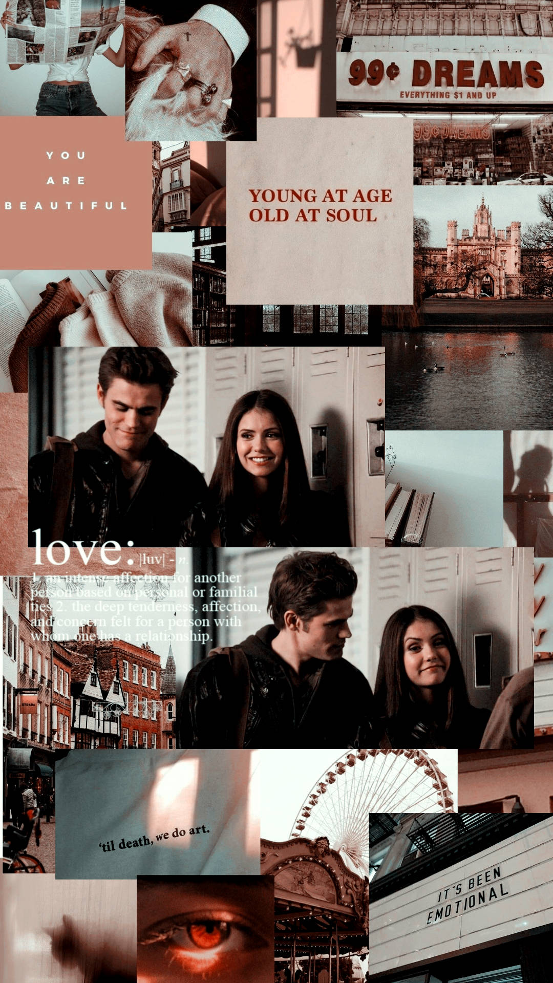 Vampire Diaries 桌布 壁紙 — 暖色調的拼貼畫，包含浪漫電影場景、勵志名言和復古城市照片，帶有夢幻美感。
