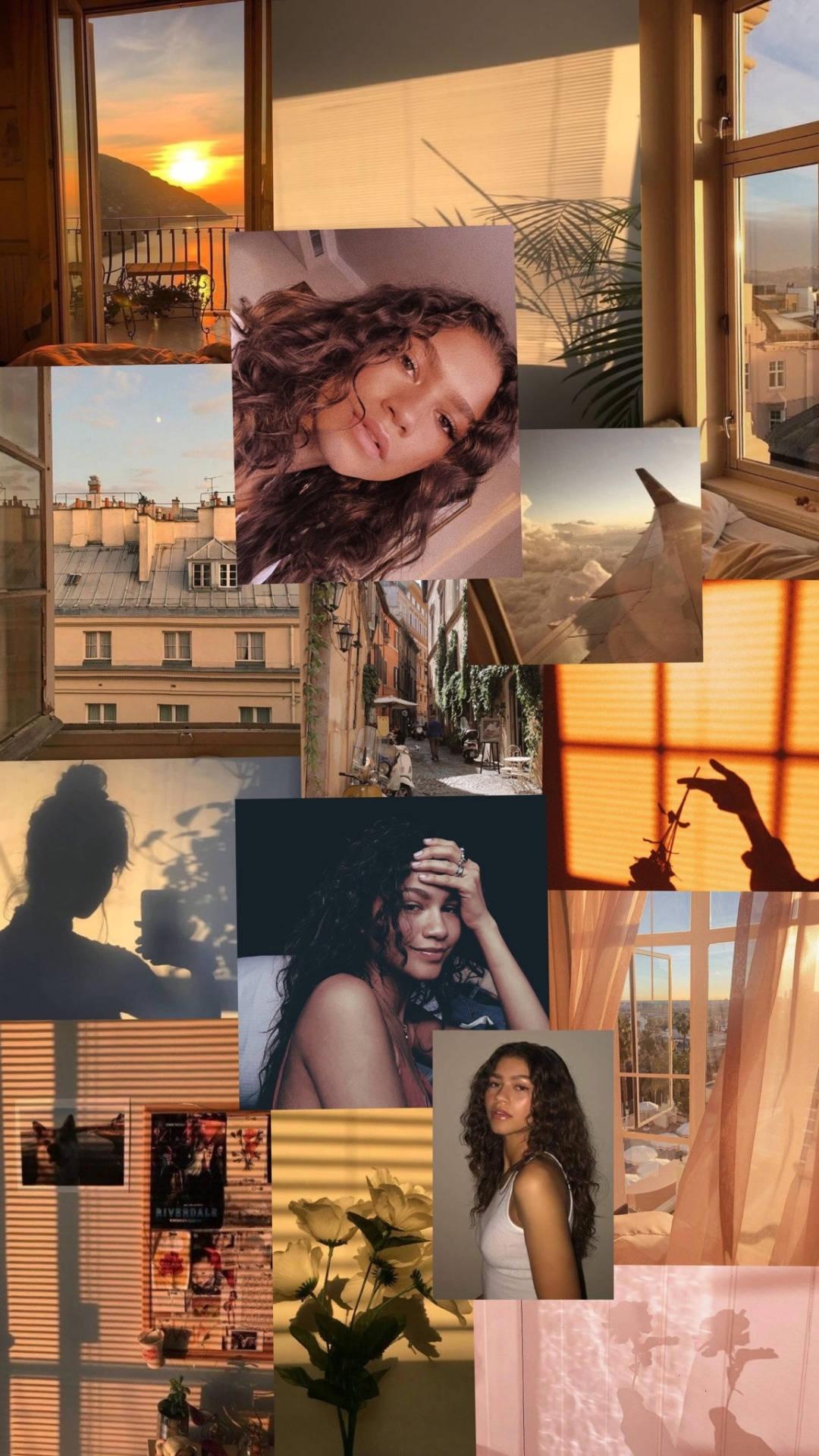 Zendaya 桌布 壁紙 — 暖色調的拼貼畫，包含陽光照射的窗戶、城市景觀和黃金時段光線下的自然肖像。
