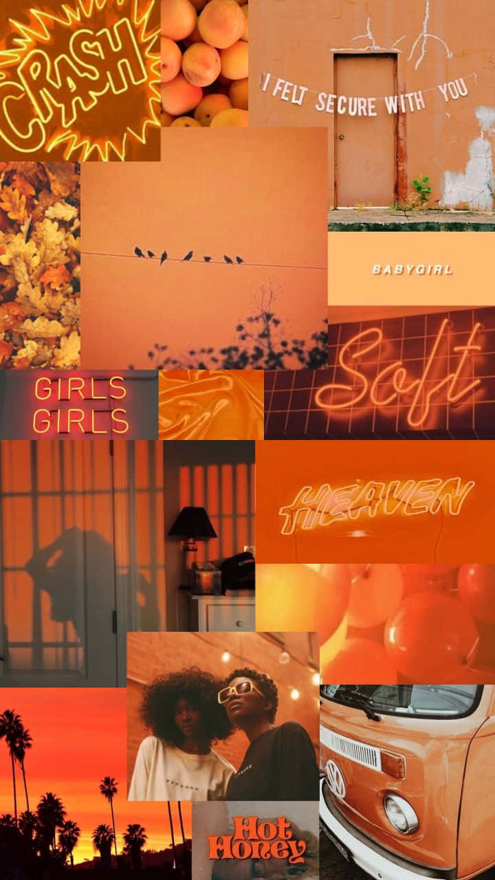 Orange Aesthetic Phone 桌布 壁紙 — 暖色調的橙與蜜桃色拼貼畫， featuring 霓虹燈牌、鳥類、一輛VW巴士及文字疊加，營造懷舊夢幻的美感。