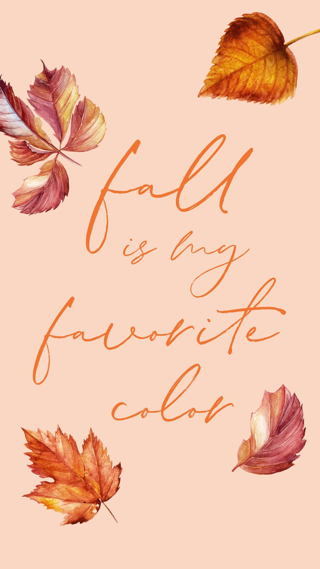 Cute Fall Phone 桌布 壁紙 — 暖色調的水彩秋葉環繞著優雅的草書文字，在柔和的桃色背景上宣告秋天是最喜歡的顏色。