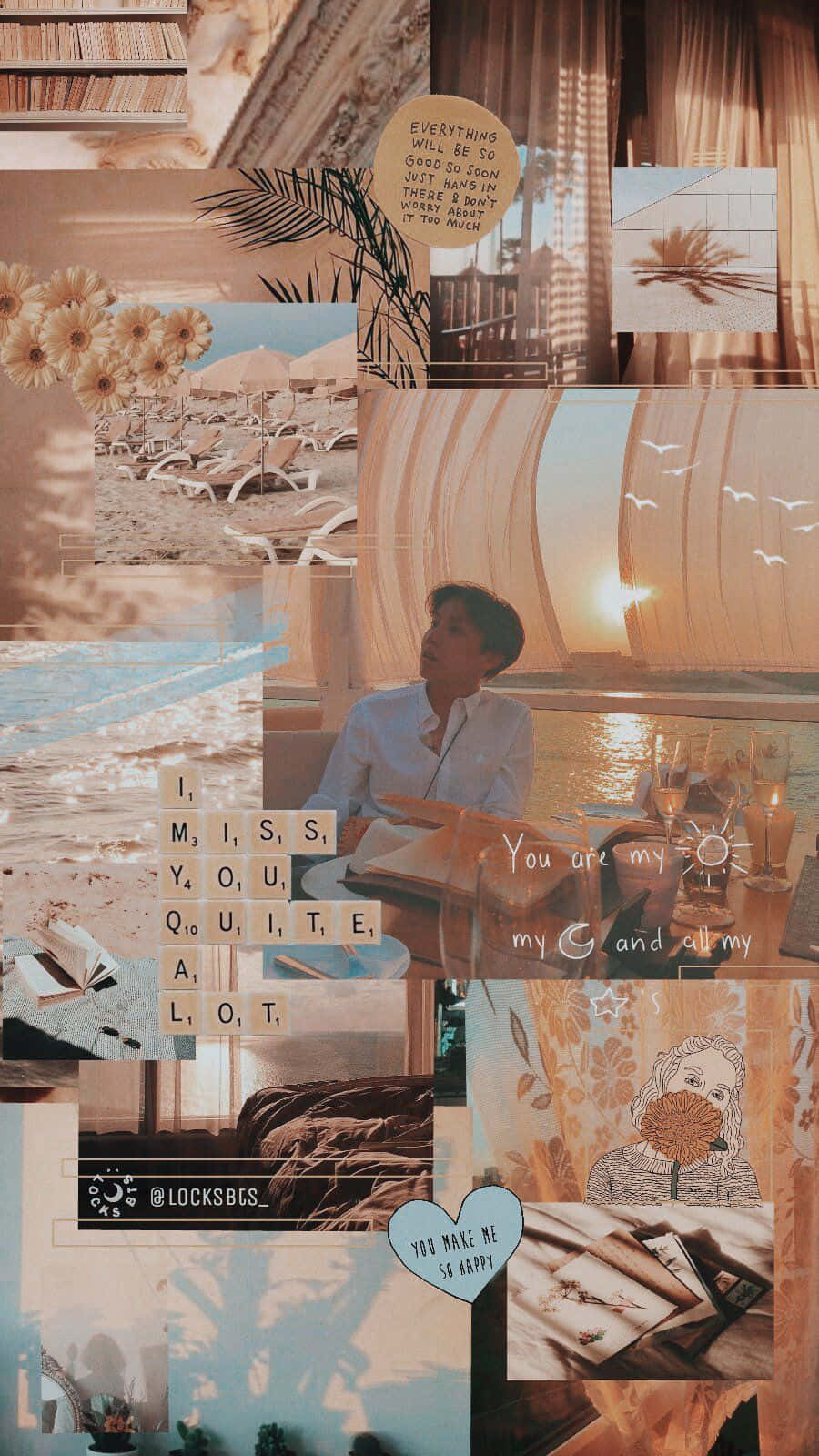 Brown Pastel Aesthetic 桌布 壁紙 — 暖色調的海灘場景、日落和手寫語錄拼貼，以夢幻美學排列。