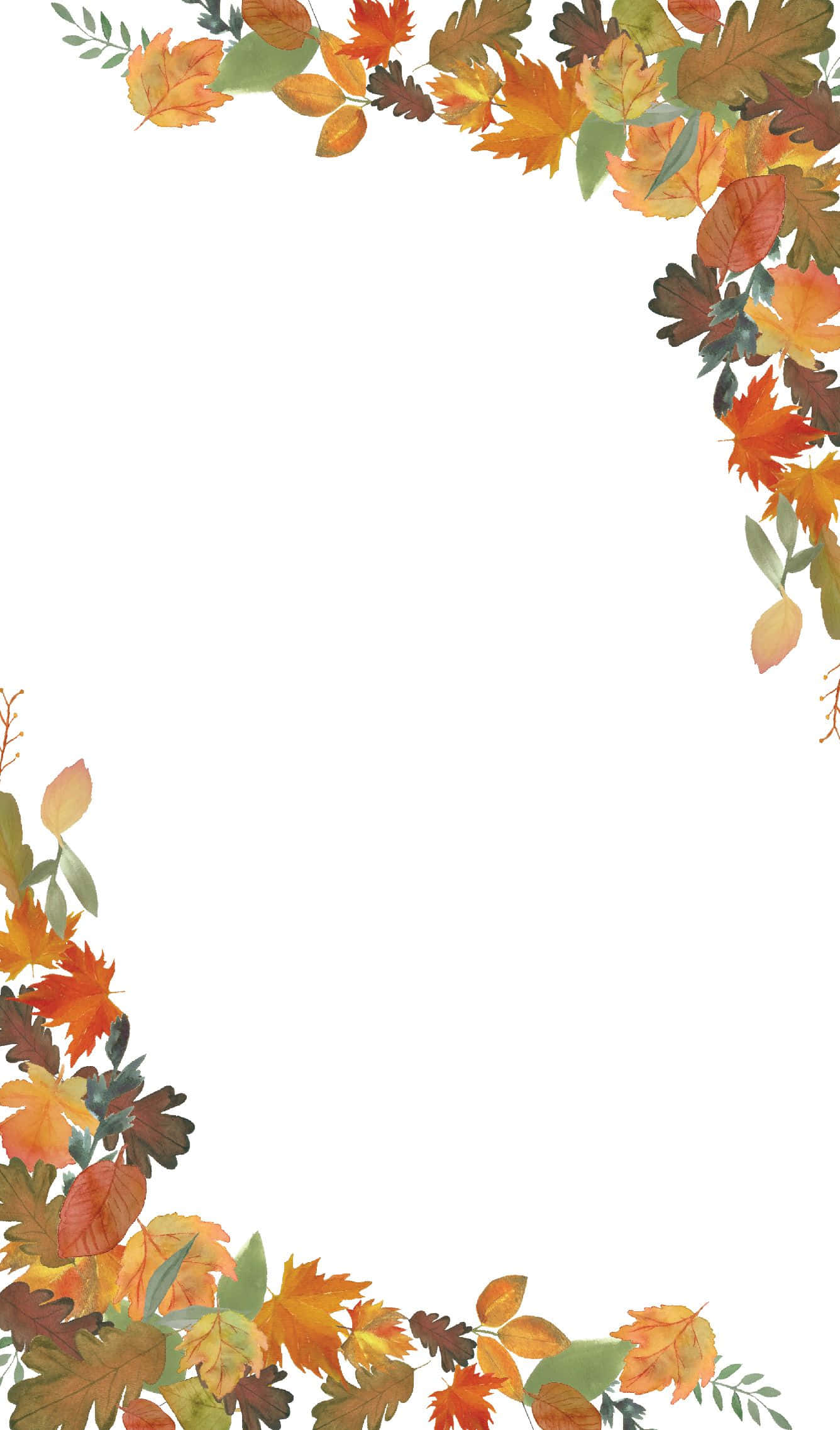Fall Leaves iPhone 桌布 壁紙 — 暖色調的秋葉以水彩風格框住潔白背景的角落。