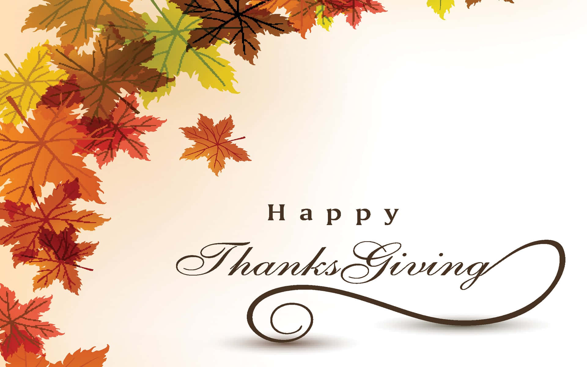 節日 桌布 壁紙 — 暖色調的秋葉圍繞著優雅的草書文字「Happy Thanksgiving」，背景為柔和的奶油色。