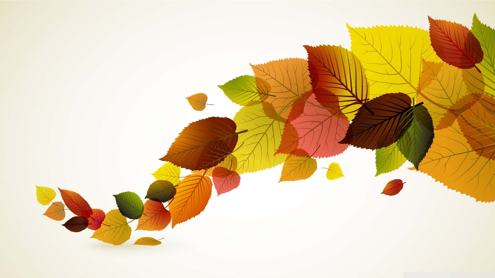 Fall Leaf 桌布 壁紙 — 暖色調的秋葉形成鮮豔的瀑布，沿對角線流過柔和的奶油色背景。