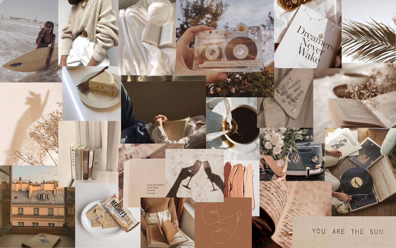 Beige Minimalist 桌布 壁紙 — 暖色調的舒適時刻拼貼：書籍、咖啡、復古唱片、衝浪板和手寫筆記，喚起懷舊的寧靜。