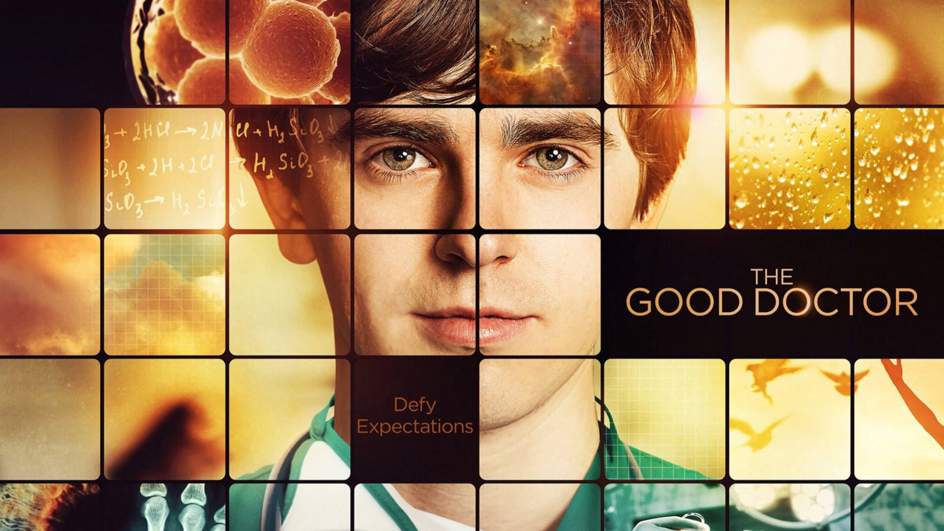 The Good Doctor 桌布 壁紙 — 暖色調面板網格顯示一位年輕醫生的臉，周圍環繞著醫學圖像和方程式。
