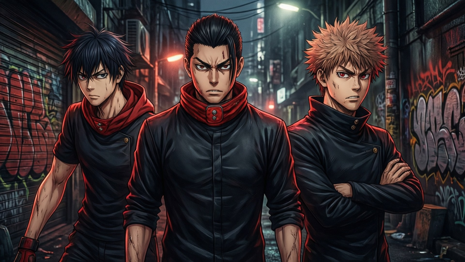 《東京復仇者》中，Mikey、Draken 與 Takemichi 在黑暗小巷中的戲劇性群像桌布。