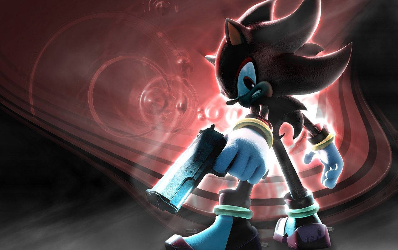 Dark Sonic 桌布 壁紙 — 暗影刺蝟（Shadow the Hedgehog）擺好姿勢，雙手發出藍光，背景是旋轉的紅色和黑色漩渦。