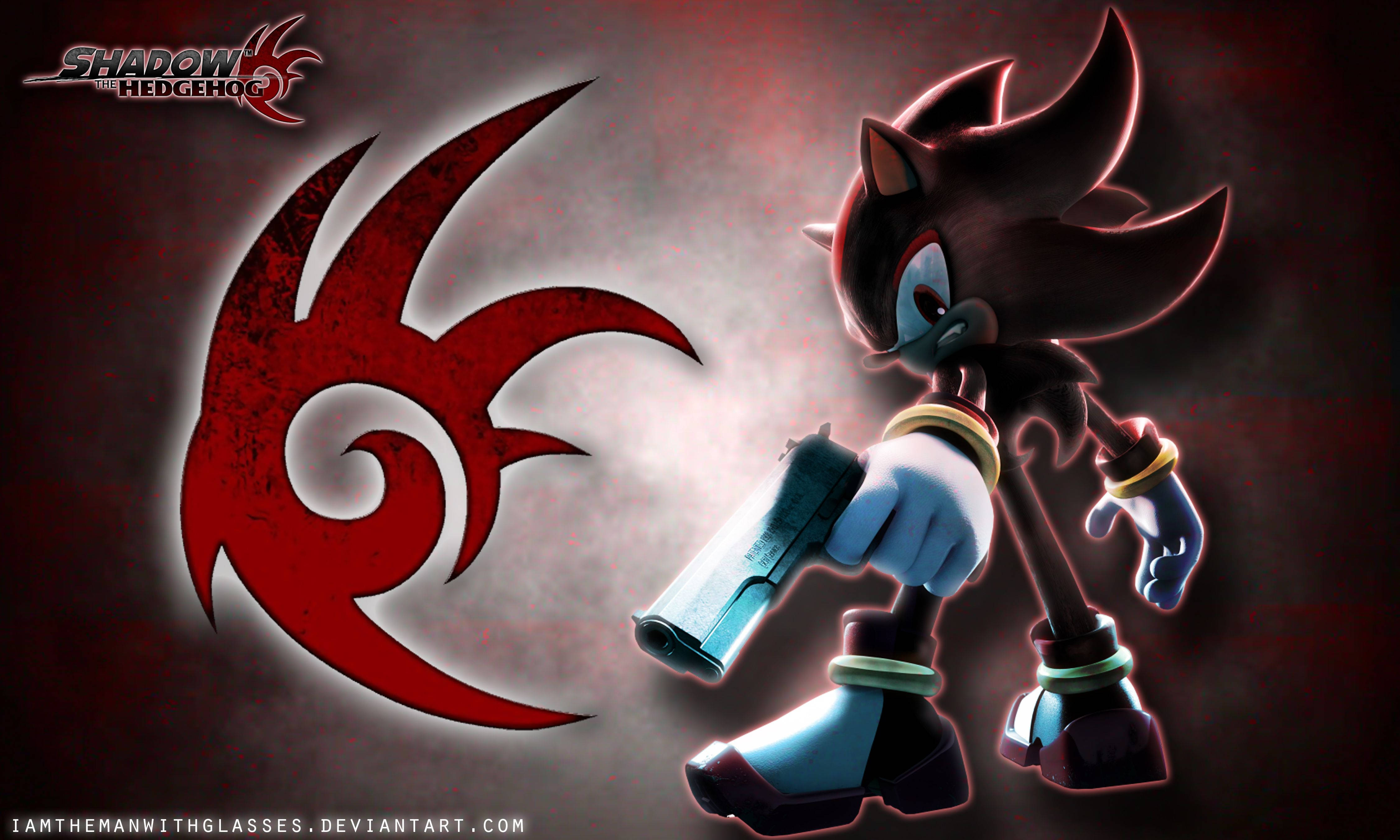 Shadow The Hedgehog 桌布 壁紙 — 暗影刺蝟在煙霧瀰漫的黑暗背景前，手持槍枝，站在紅色標誌旁，擺出戲劇性的姿勢。