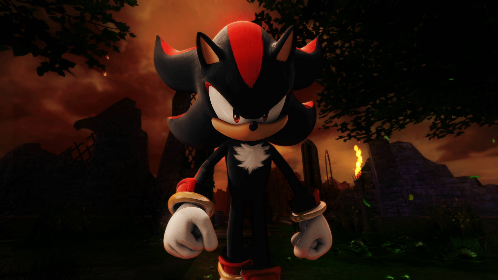 Shadow The Hedgehog 桌布 壁紙 — 暗影刺蝟在黃昏的黑暗森林中威風凜凜地站立，天空火紅，綠色植物發光。