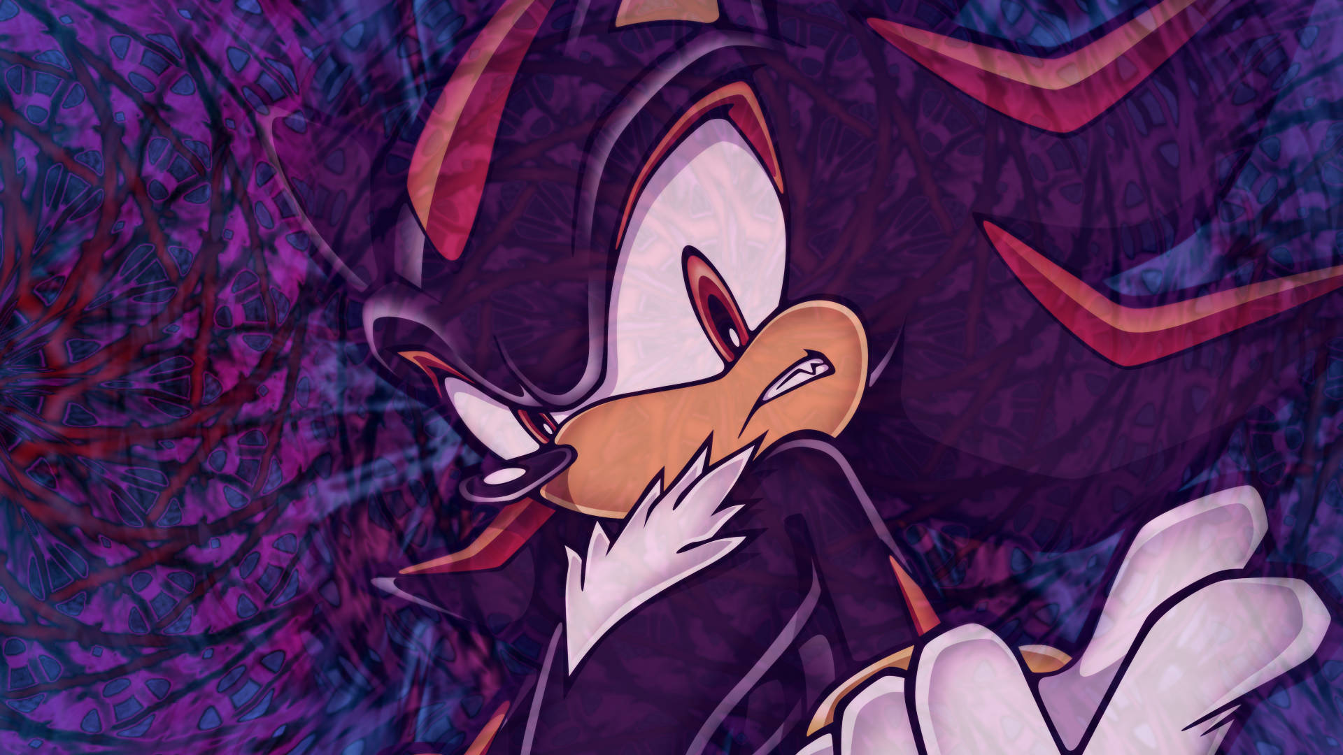 Shadow The Hedgehog 桌布 壁紙 — 暗影刺蝟瞪著眼睛，背景是旋轉的紫色和紅色抽象圖案。