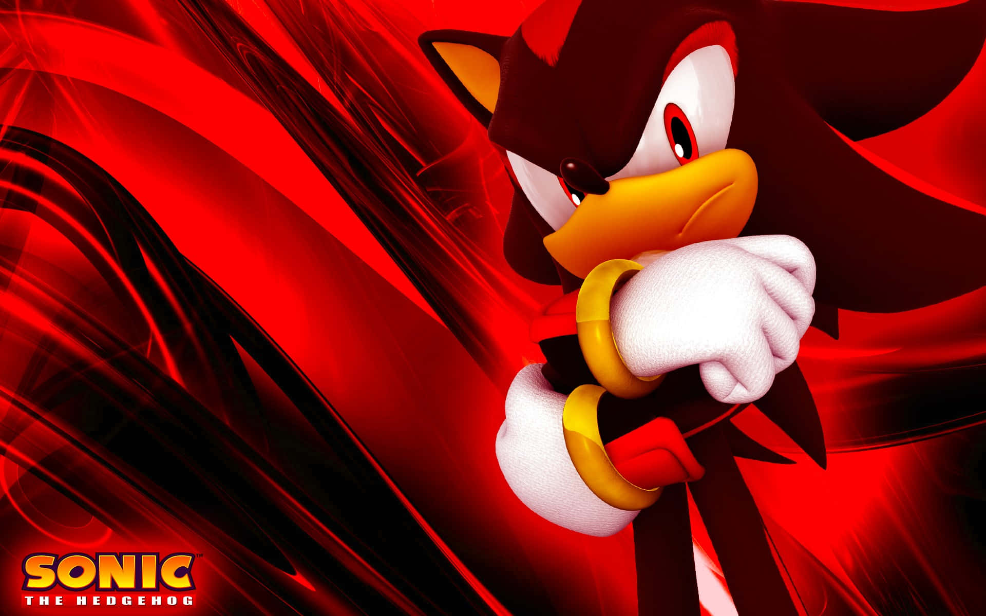 Sonic The Hedgehog Characters 桌布 壁紙 — 暗影刺蝟站在動態的紅色和黑色漩渦背景前，雙眼赤紅，拳頭緊握。