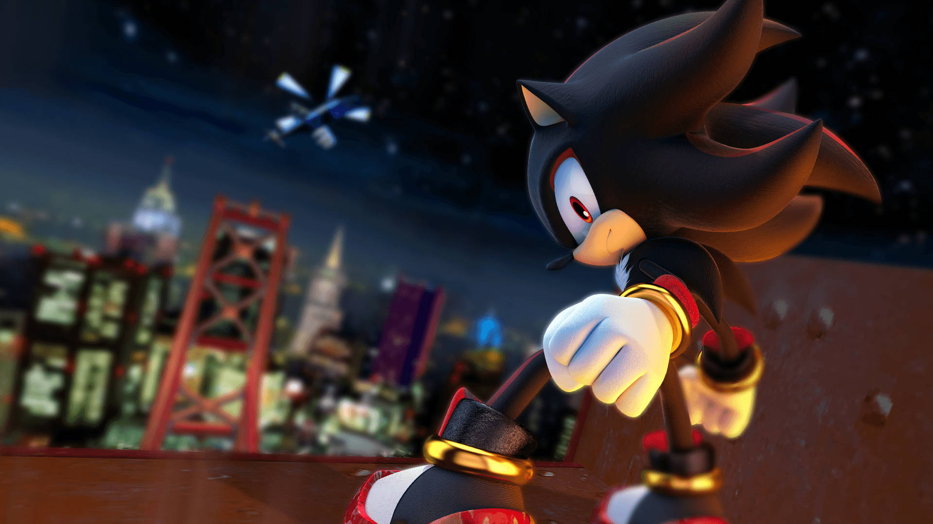 Shadow The Hedgehog 桌布 壁紙 — 暗影刺蝟站在屋頂上，俯瞰著夜晚閃爍的城市景觀，一架直升機從頭頂飛過。