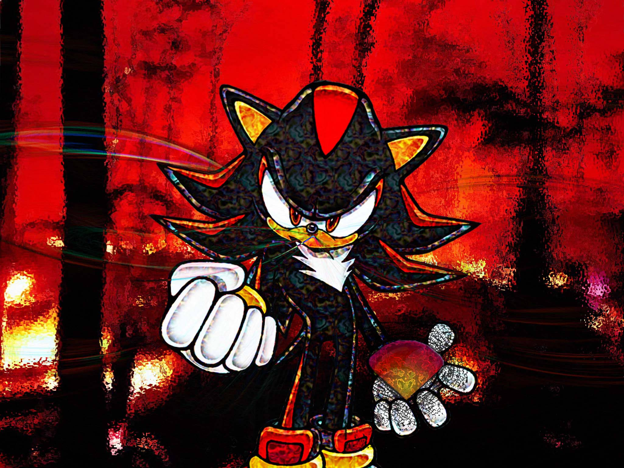 Shadow The Hedgehog 桌布 壁紙 — 暗影刺蝟站在火紅與黑色紋理背景前，眼神發光、握緊拳頭，表現出挑釁姿態。