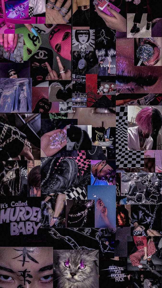 Grunge Emo Aesthetic 桌布 壁紙 — 暗粉紅色、黑色和螢光色調中，前衛時尚配飾、大膽化妝和流行文化參考的混亂拼貼。