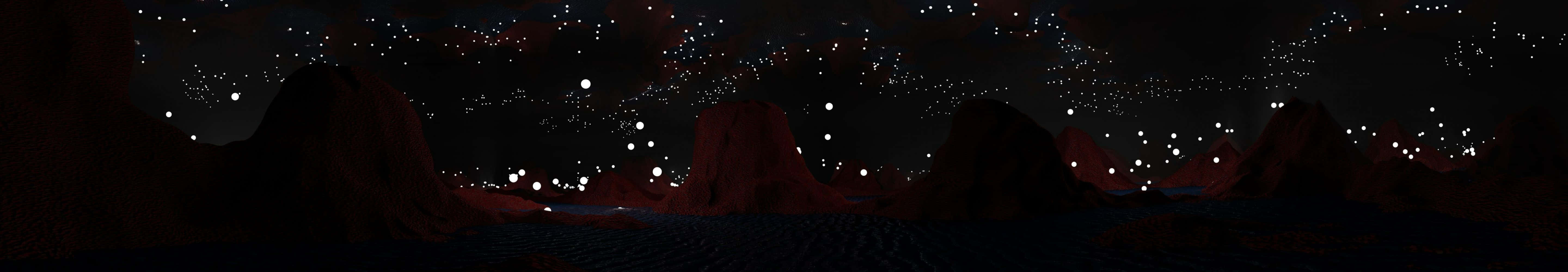 Stars 桌布 壁紙 — 暗紅色岩石地形，星空下，發光的白色燈光散落在整個景觀中。