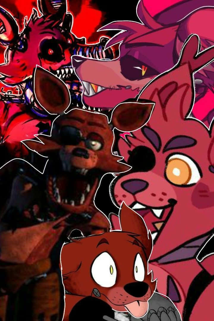 Foxy 桌布 壁紙 — 暗紅色背景上，Five Nights at Freddy's 系列中既嚇人又可愛的擬人化動物角色的混亂拼貼畫。