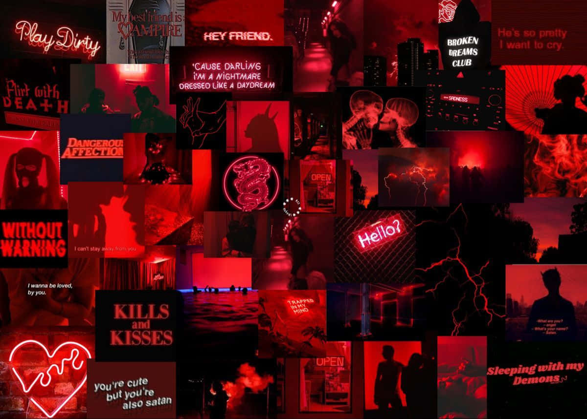 Red Collage 桌布 壁紙 — 暗紅色調的拼貼畫，包含恐怖和浪漫主題的文字片段和剪影，帶有霓虹色調。