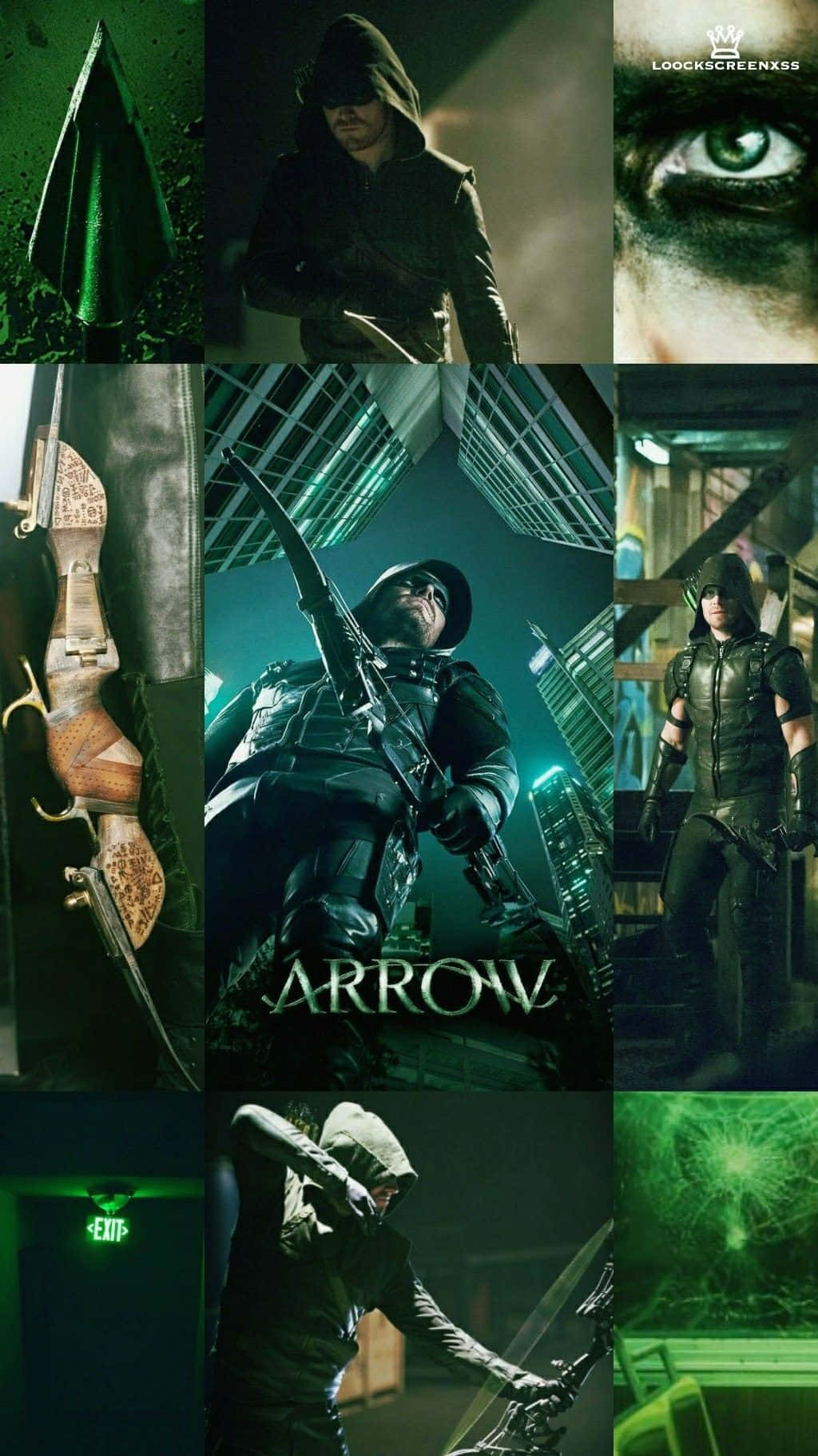 Green Arrow 桌布 壁紙 — 暗綠色調的《箭》電視劇集拼貼畫，展示戴面具的義警在各種動作姿勢和特寫中。