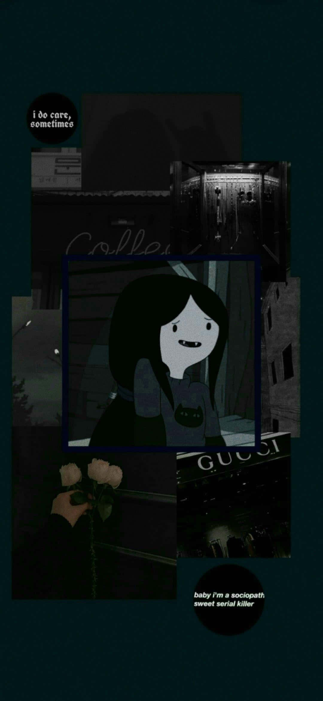 Dark Aesthetic Cartoon 桌布 壁紙 — 暗色拼貼桌布，以卡通女孩、玫瑰、奢侈品牌文字和陰沉色調中的不祥文字疊加為特色。