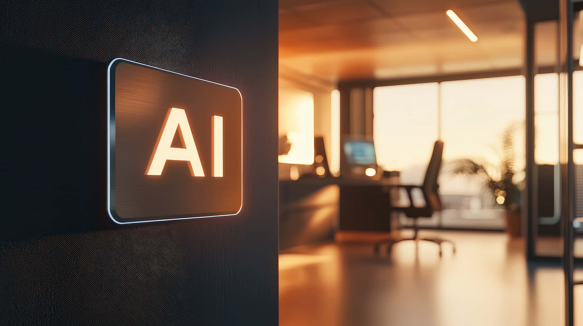 A glowing AI sign in a contemporary office setting with warm lighting 壁紙 — 暗色牆上發光的AI標誌，背景是溫暖模糊的辦公室內部。