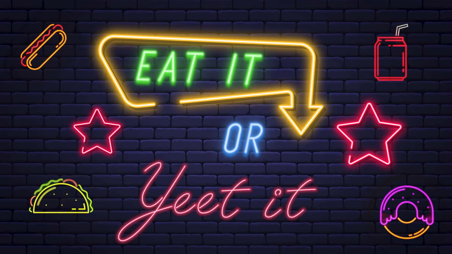 yeet 桌布 壁紙 — 暗色磚牆上鮮豔的霓虹招牌，以俏皮的短語和發光的圖示宣傳食物。