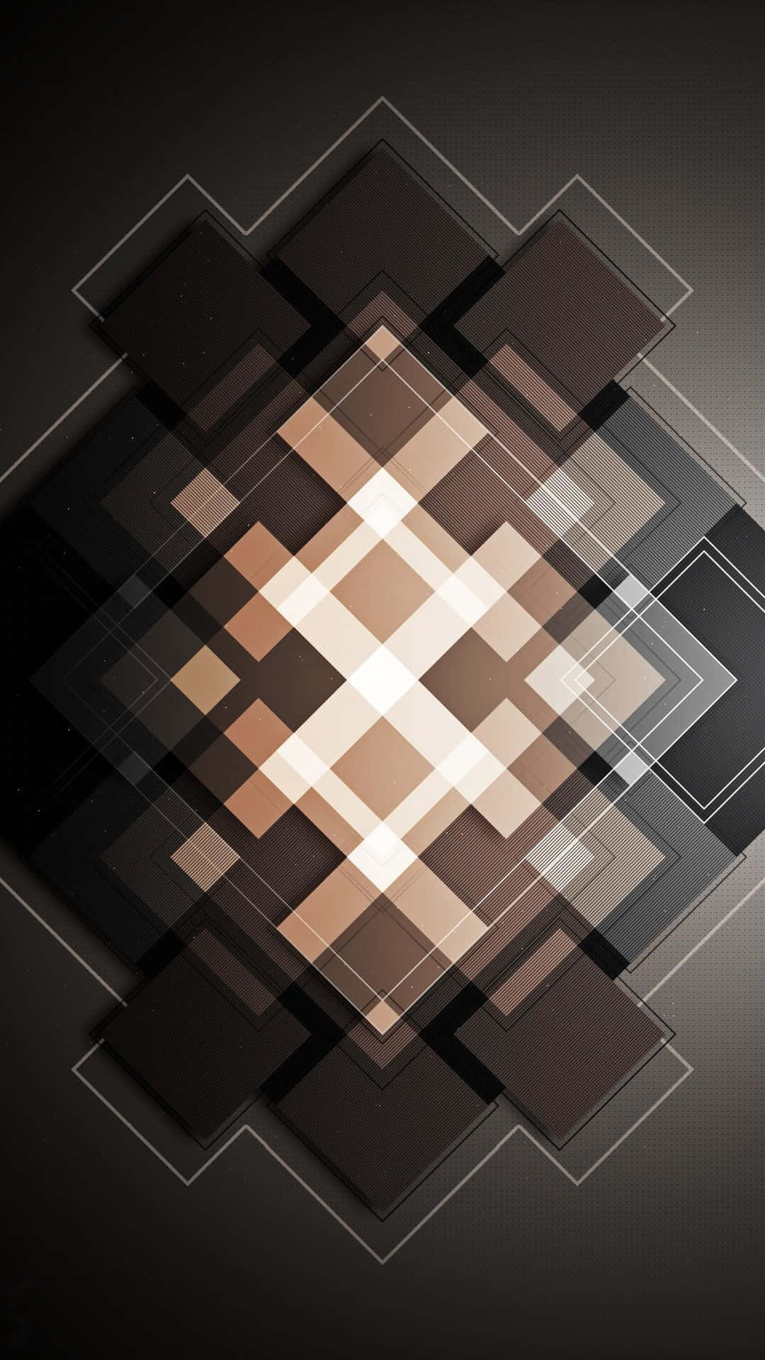 Brown And White 桌布 壁紙 — 暗色背景上，由明亮中心向外輻射的土色調層疊正方形幾何抽象圖案。