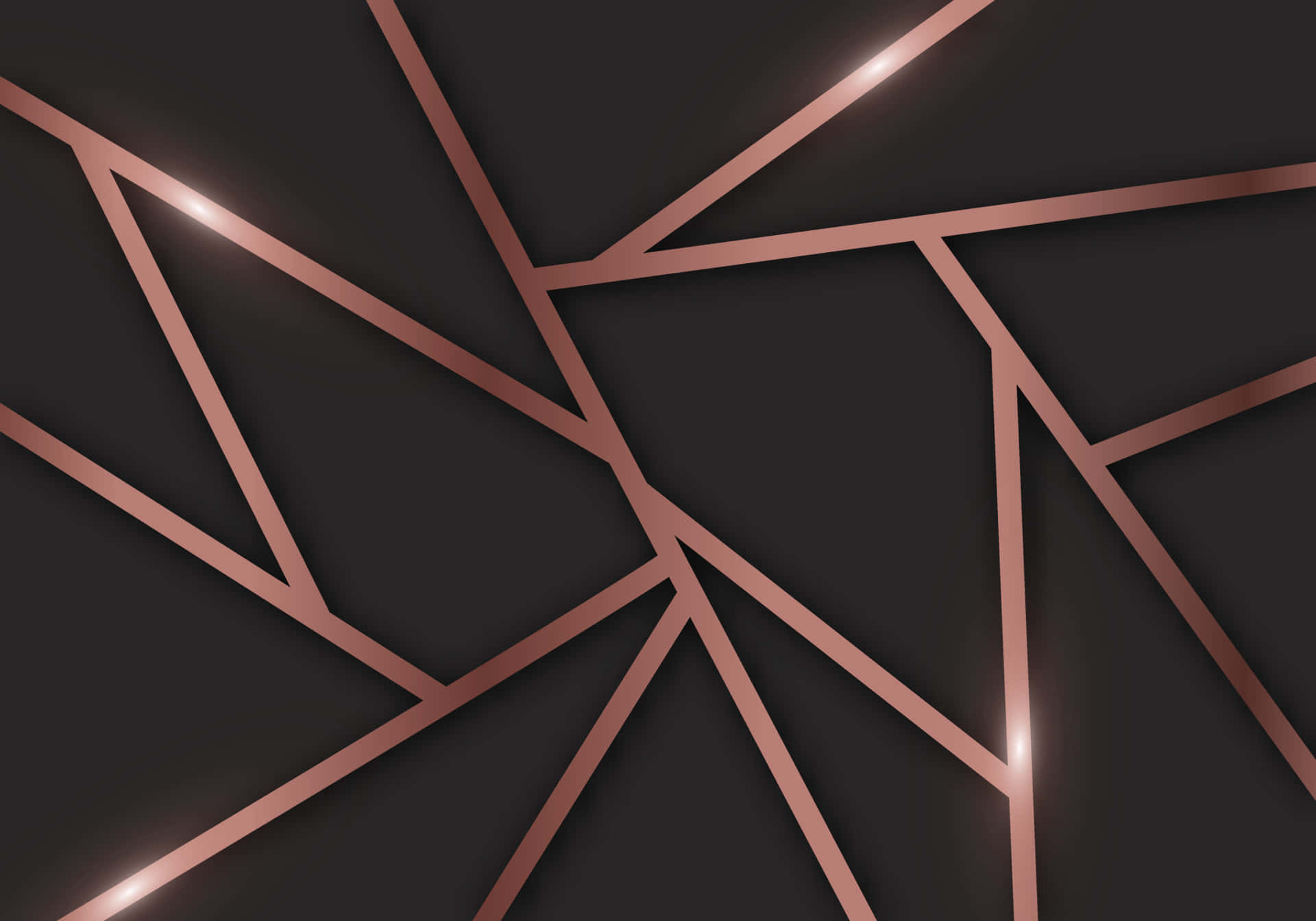 Rose Gold Desktop 桌布 壁紙 — 暗色背景上帶有發光高光的玫瑰金線條抽象幾何圖案。