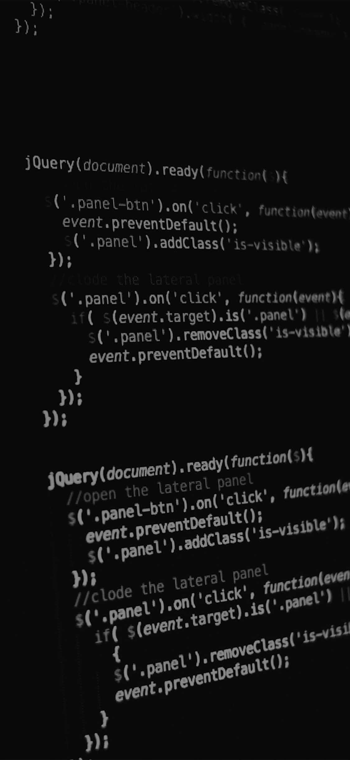 Code iPhone 桌布 壁紙 — 暗色螢幕顯示發光白色jQuery代碼，用於切換側面板，包含事件處理器和類別操作。