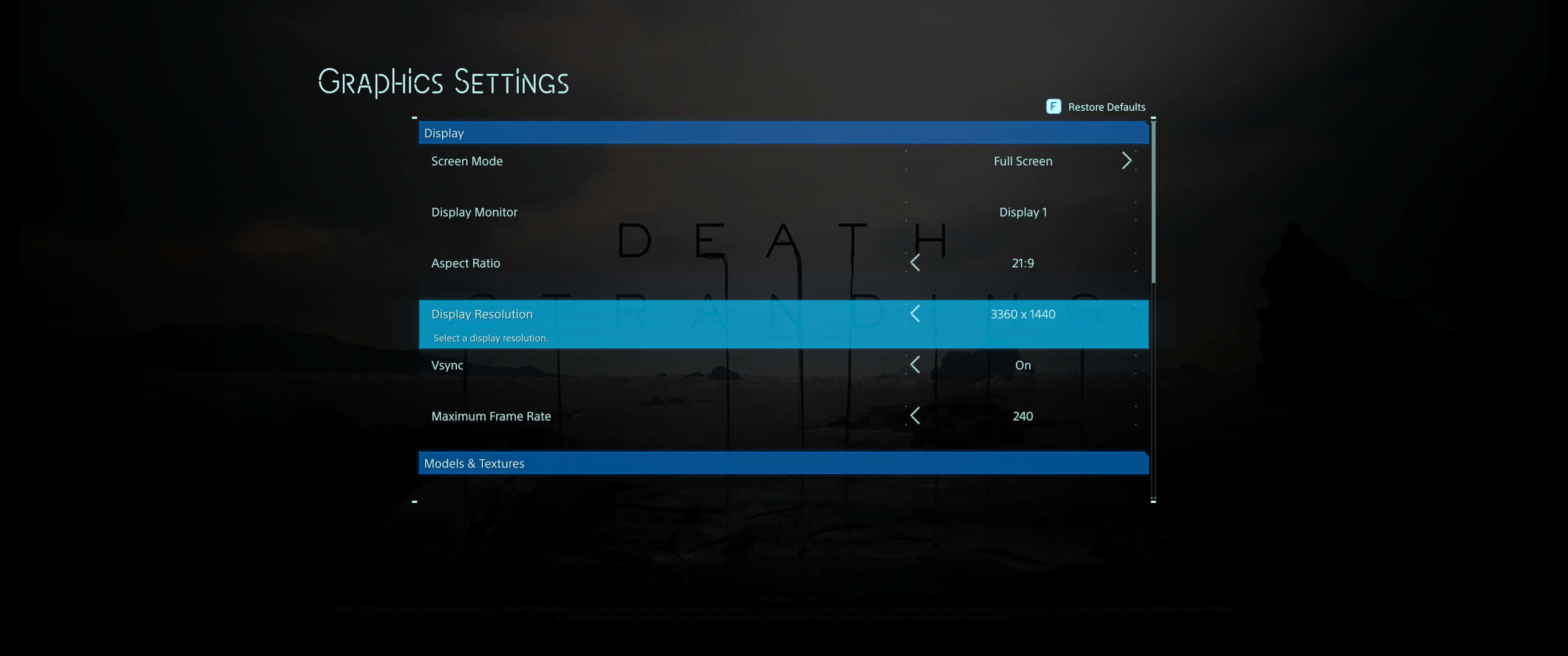 3440x1440p Death Stranding 桌布 壁紙 — 暗色遊戲選單顯示圖形設定，背景中隱約可見「DEATH」。
