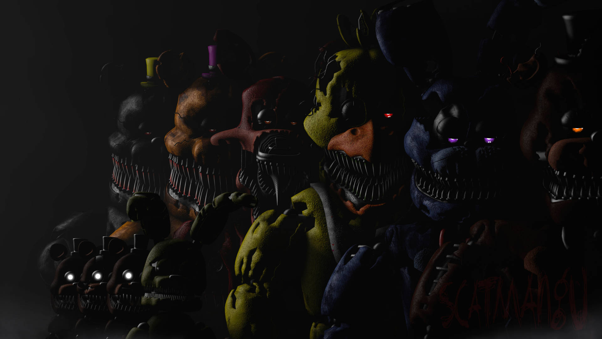 nightmare 桌布 壁紙 — 暗黑剪影中的動畫角色，眼睛發光，牙齒鋒利，擺出威脅性的群體姿勢。