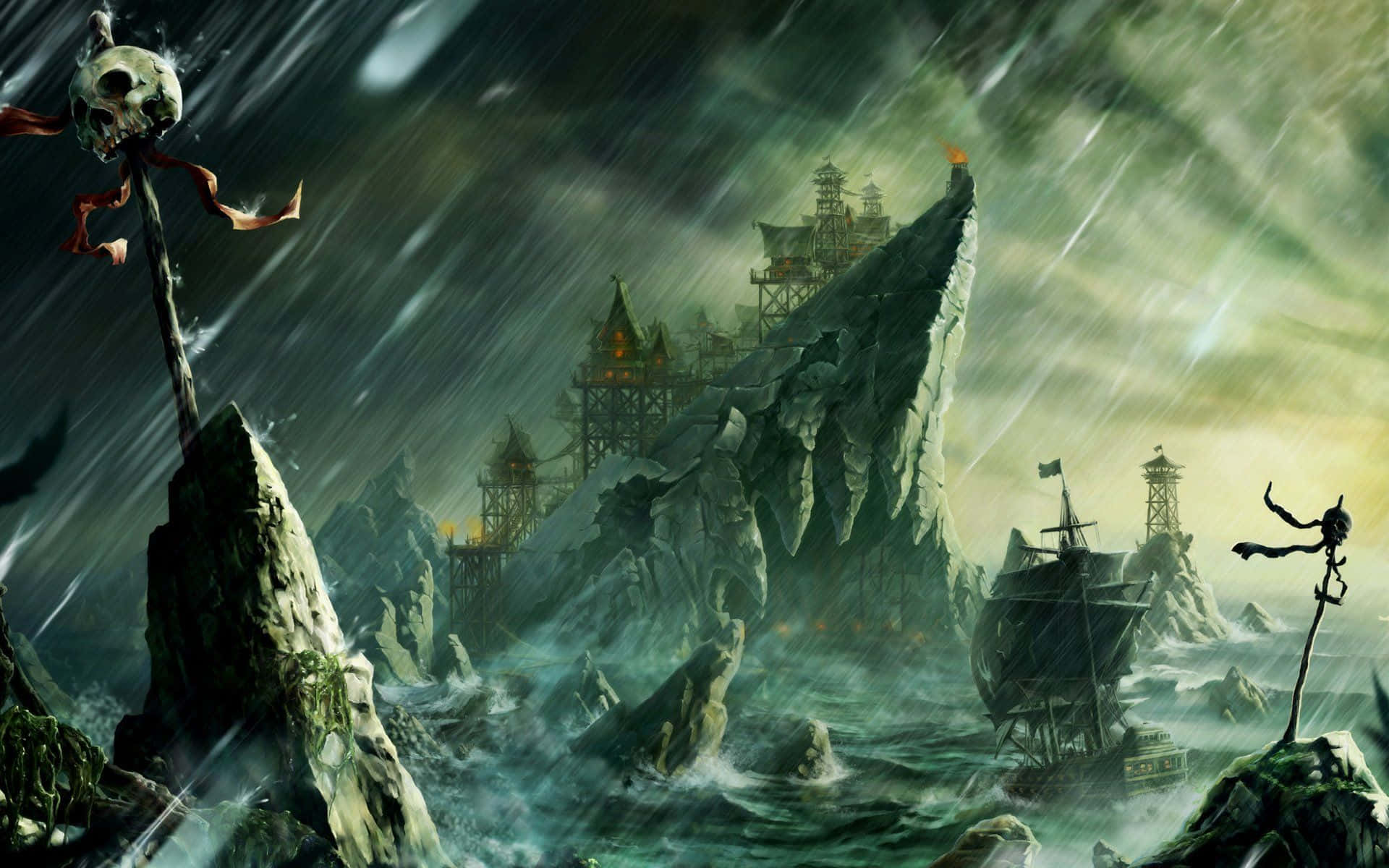 海盜 桌布 壁紙 — 暗黑天空下，一艘海盜船靠近崎嶇岩石和骷髏旗杆的暴風雨海洋。