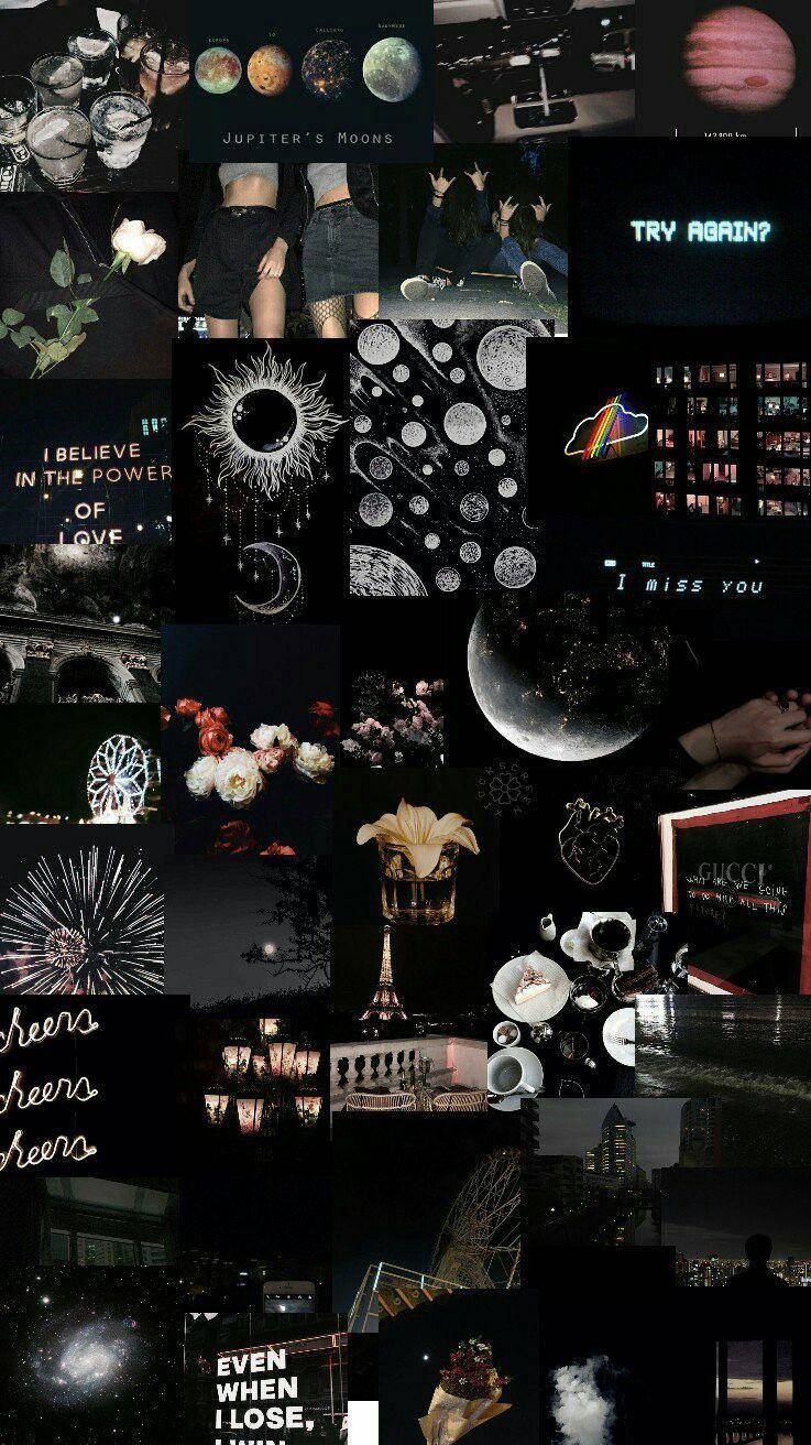 Pinterest Aesthetic 桌布 壁紙 — 暗黑情緒化拼貼畫，包含太空行星、月相、霓虹燈牌和城市夜景，並帶有文字疊加。