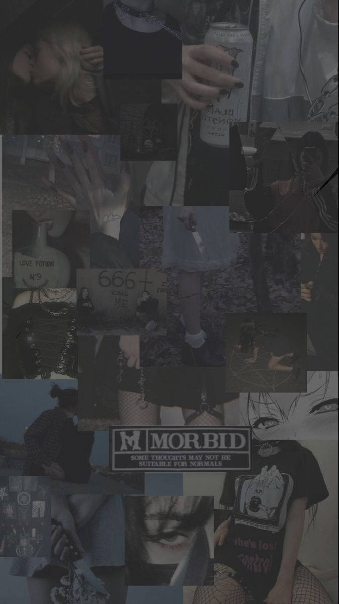 Grunge Emo Aesthetic 桌布 壁紙 — 暗黑憂鬱的哥德青年文化拼貼，帶有神秘符號和病態文字疊加。